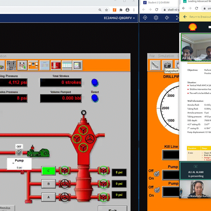 A split computer screen showing a real-time drilling simulation interface on the left and a conference call with three participants on the right. Various data and controls are visible on both screens.