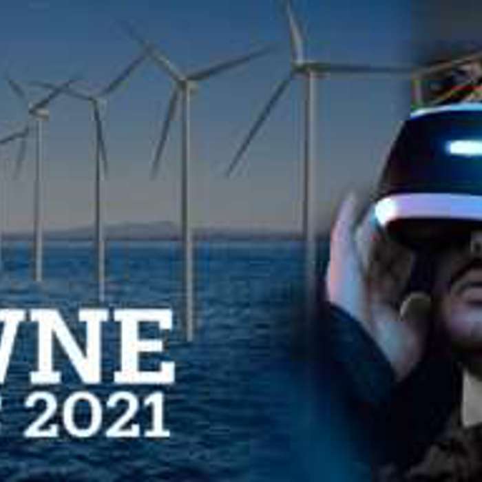 Image shows a man wearing a VR headset with offshore wind turbines in the background. Text reads "OWNE 2021 Offshore Wind North East.