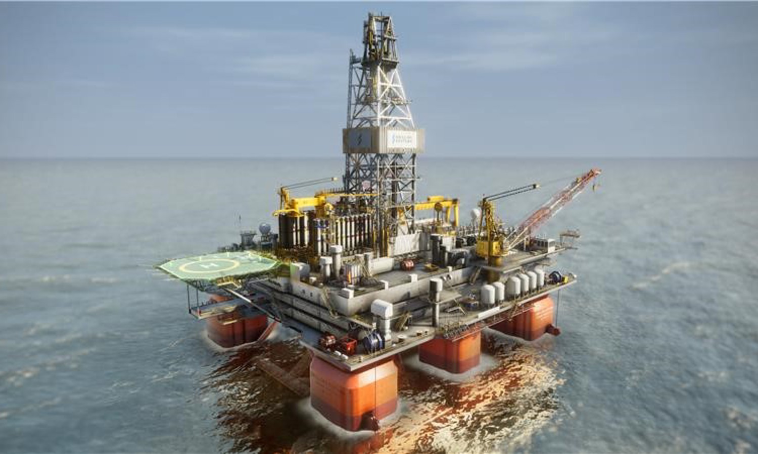 Una plataforma petrolífera en alta mar con un helipuerto y grúas se asienta en un mar en calma bajo un cielo despejado, preparada como un centro de entrenamiento avanzado listo para su próxima misión.