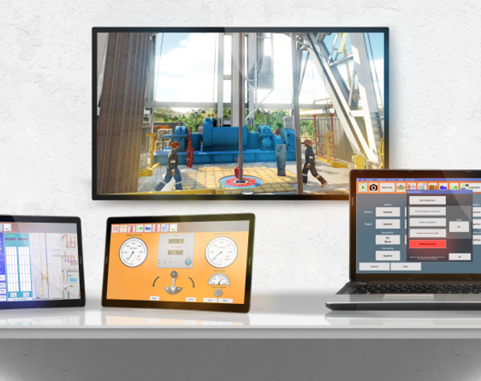 Uma secretária apresenta um tablet, dois monitores e um computador portátil com várias interfaces técnicas e um vídeo de uma instalação industrial num ecrã montado na parede.