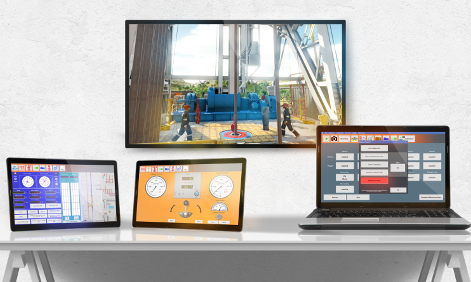 مكتب يعرض جهاز لوحي وشاشتين وجهاز كمبيوتر محمول يعرض واجهات تقنية مختلفة ومقطع فيديو لموقع صناعي على شاشة مثبتة على الحائط.