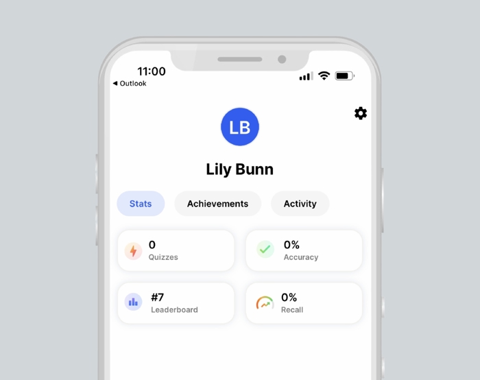 Ecrã de um smartphone que mostra um perfil de utilizador com o nome "Lily Bunn". São apresentadas quatro estatísticas: Testes (0), Precisão (0%), Tabela de classificação (#7) e Recordação (0%).