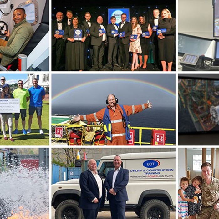 A collage of nine images showing people in various professional and personal settings, including a flight simulator, award ceremonies, firefighting, and outdoor activities.