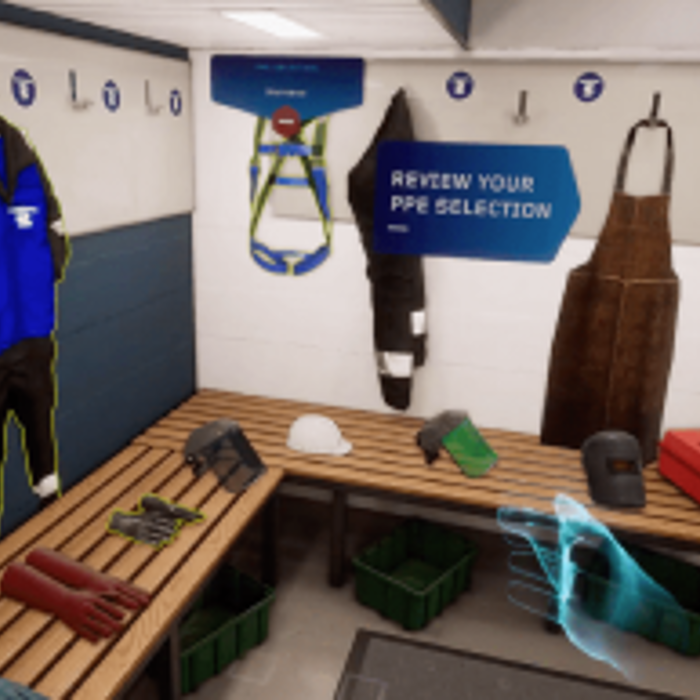 A locker room with personal protective equipment (PPE) including gloves, helmets, and aprons displayed on benches and hooks. A sign reads "Review Your PPE Selection" on the wall.
