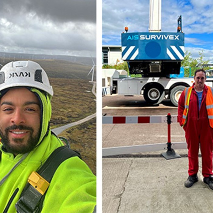 Left: A man in a safety vest and helmet taking a selfie with wind turbines in the background. Right: A man in red coveralls and a high-visibility vest standing next to a parked service vehicle.